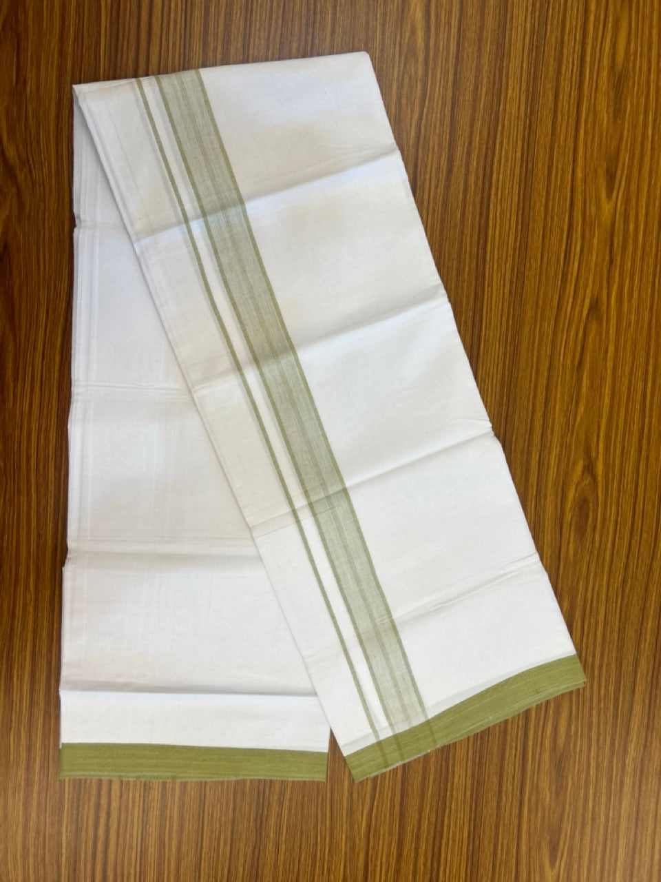 KaithariKada Balaramapuram 100% Cotton Single Pure White Mundu/Dhoti - 100X80 - 1.5 inch Light Olive Green Shaded Stripes kara 2 mtr (4 muzham) - 8 KK5294 THI