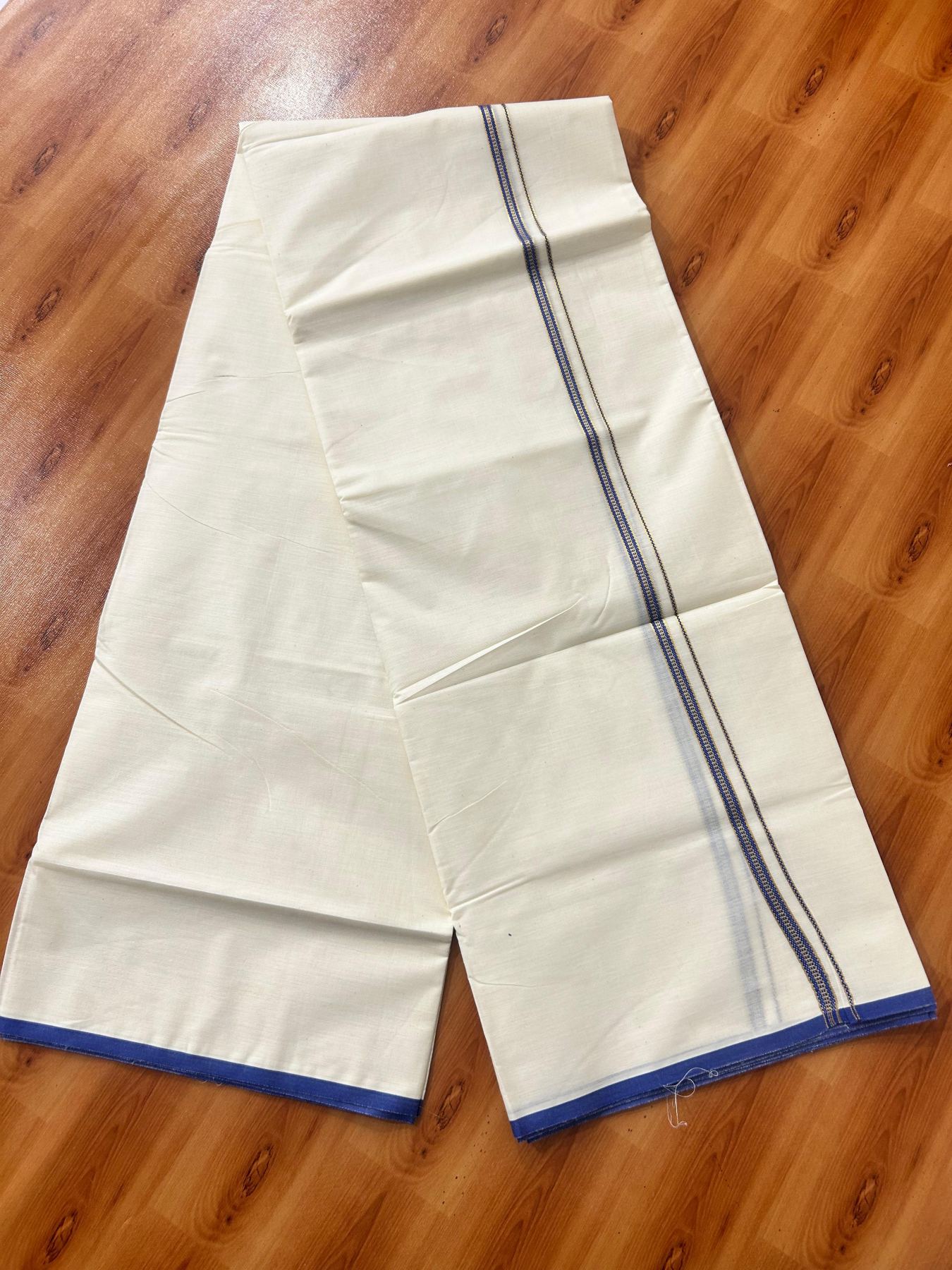Double Off white (Unbleached) Mundu/Dhoti - 20% Discount! KaithariKada Pure Cotton  (80s) - 1 cm Gold Kasav Dark Blue Kara 4 mtr (8.5 muzham) - 19 KK5479 GAN
