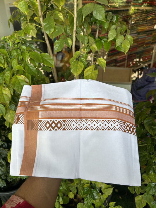 20% Discount ! KaithariKada Balaramapuram Cotton Double Pure white Mundu/Dhoti- 80s - 2.5 inch Brown Printed Shade Stripes Design Kara - 3.65 mtr (8 muzham) - 59 KK5329 GAN