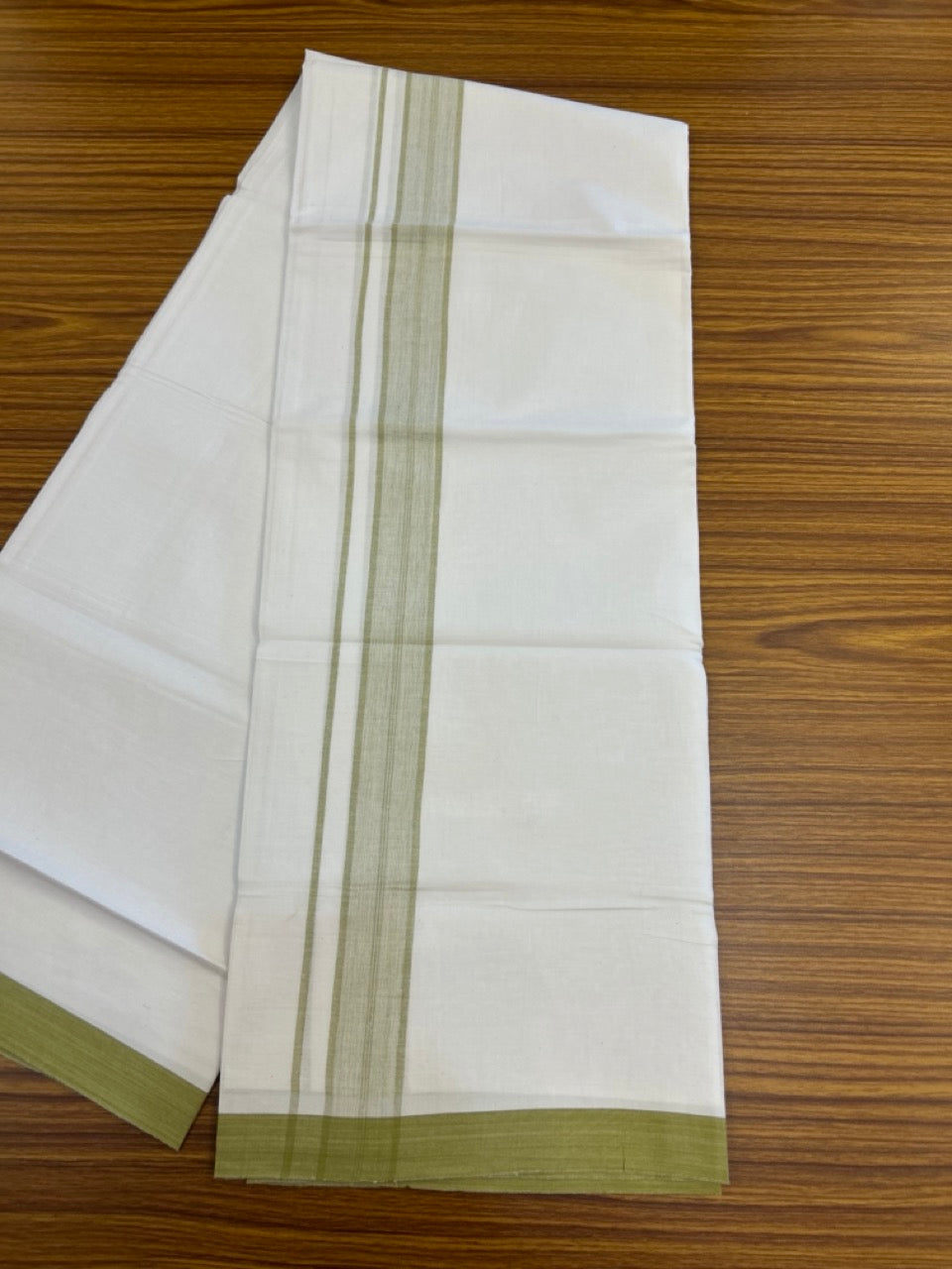 KaithariKada Balaramapuram 100% Cotton Single Pure White Mundu/Dhoti - 100X80 - 1.5 inch Light Olive Green Shaded Stripes kara 2 mtr (4 muzham) - 8 KK5294 THI