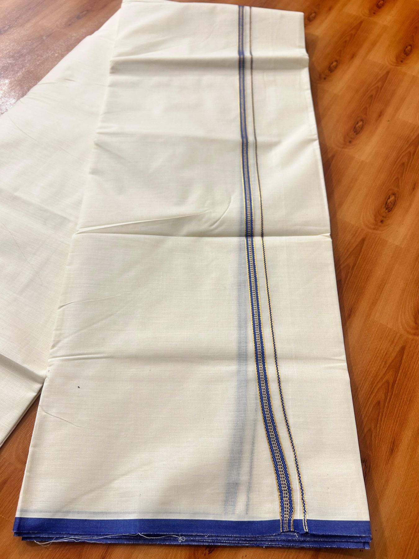Double Off white (Unbleached) Mundu/Dhoti - 20% Discount! KaithariKada Pure Cotton  (80s) - 1 cm Gold Kasav Dark Blue Kara 4 mtr (8.5 muzham) - 19 KK5479 GAN