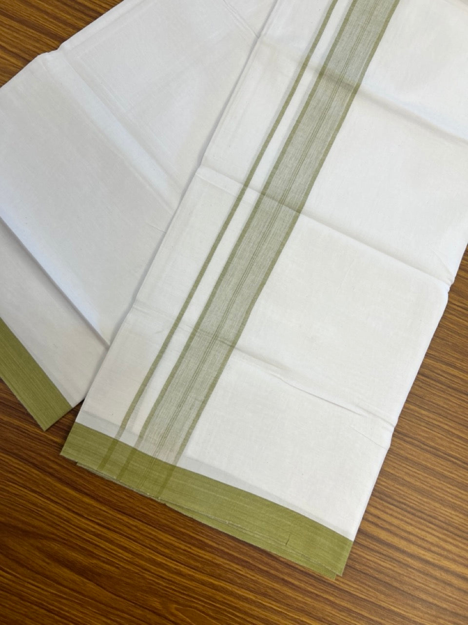 KaithariKada Balaramapuram 100% Cotton Single Pure White Mundu/Dhoti - 100X80 - 1.5 inch Light Olive Green Shaded Stripes kara 2 mtr (4 muzham) - 8 KK5294 THI