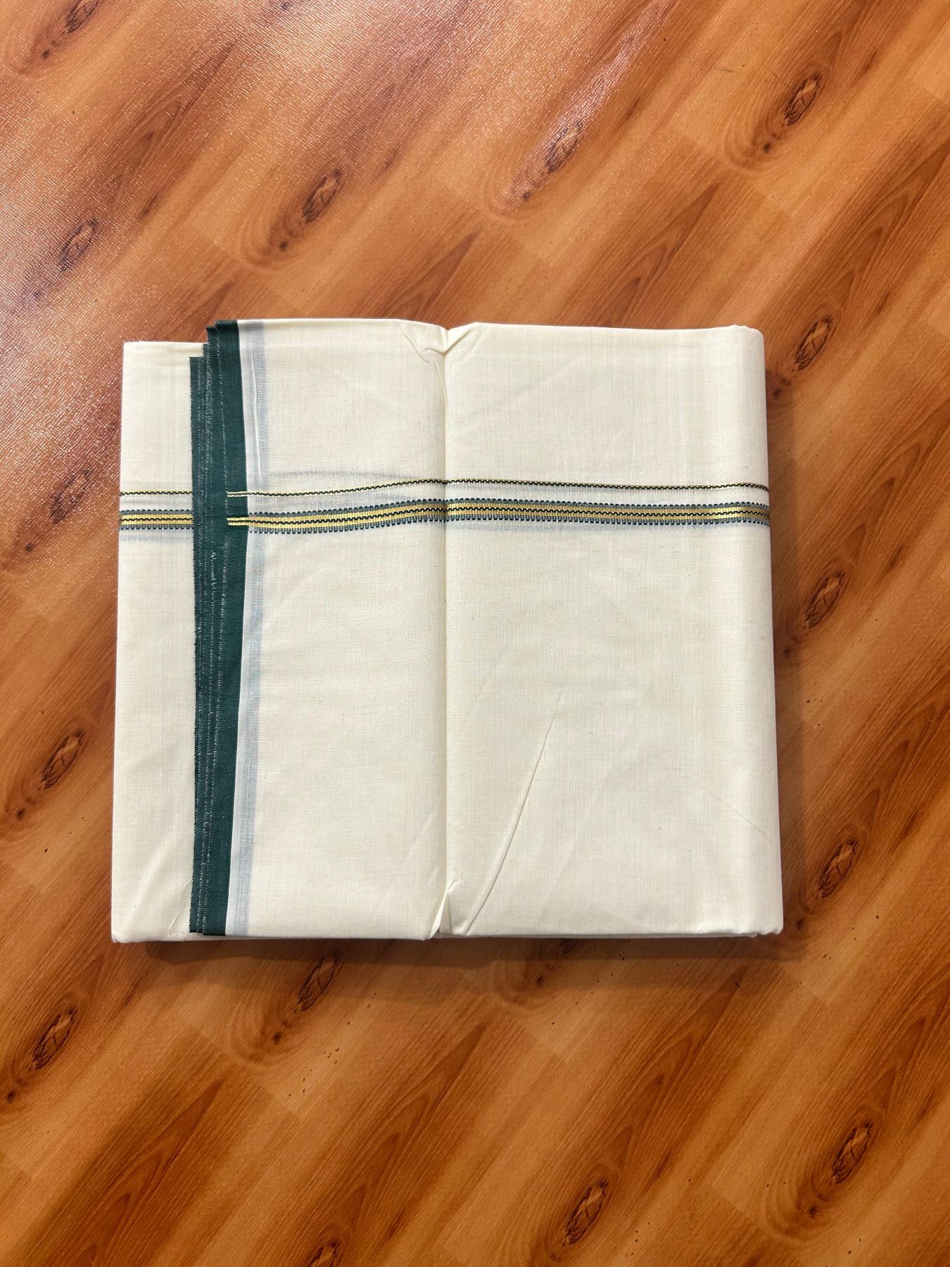 Double Off white (Unbleached) Mundu/Dhoti - 20% Discount! KaithariKada Pure Cotton  (80s) - 1 cm Gold Kasav Green Kara 4 mtr (8.5 muzham) - 4 KK5479 GAN