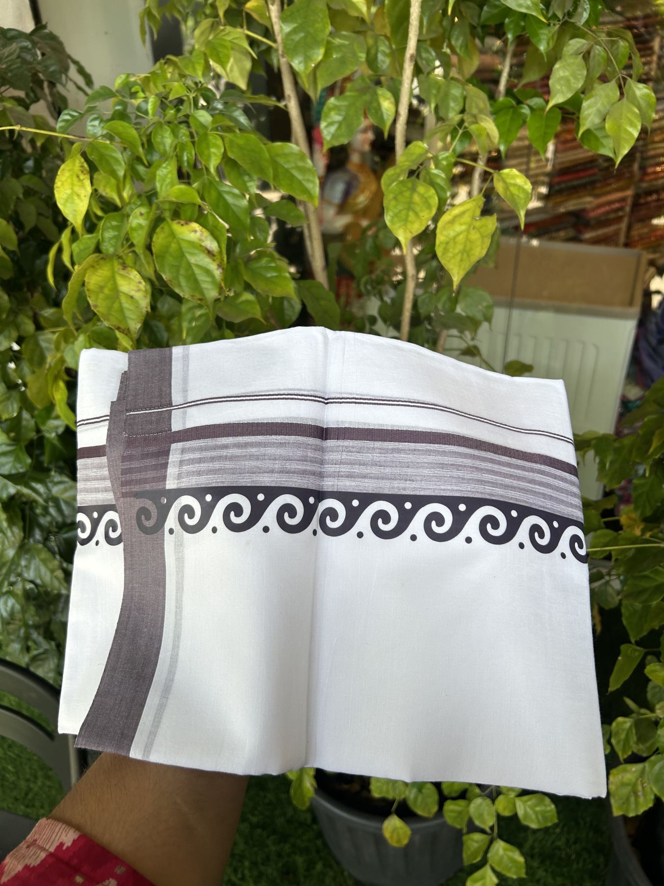 20% Discount ! KaithariKada Balaramapuram Cotton Double Pure white Mundu/Dhoti- 80s - 2.5 inch Dark Purple Ash Printed Shade Stripes Design Kara - 3.65 mtr (8 muzham) - 43 KK5329 GAN