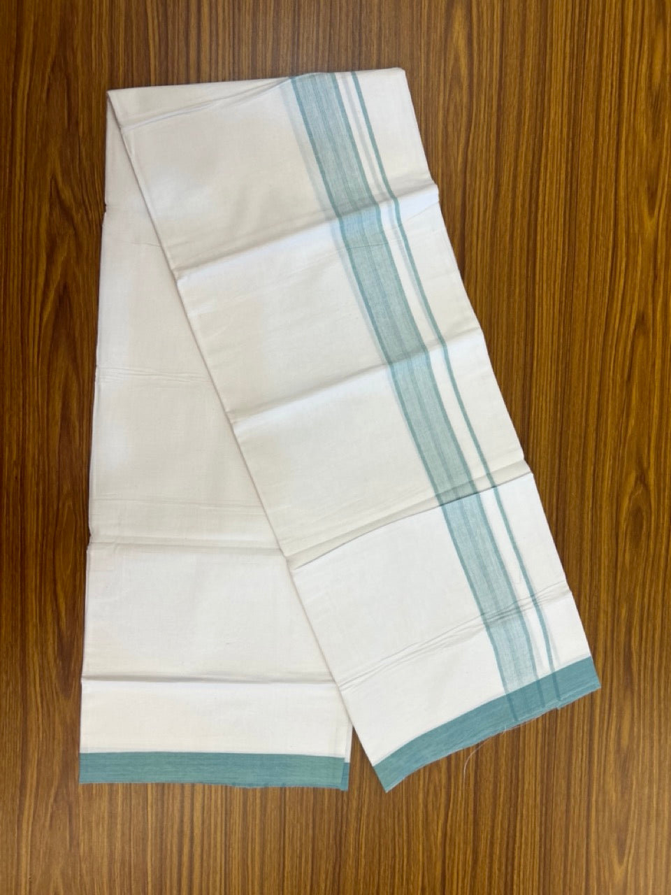 KaithariKada Balaramapuram 100% Cotton Single Pure White Mundu/Dhoti - 100X80 - 1.5 inch Light Teal Blue Shaded Stripes kara 2 mtr (4 muzham) - 11 KK5294 THI