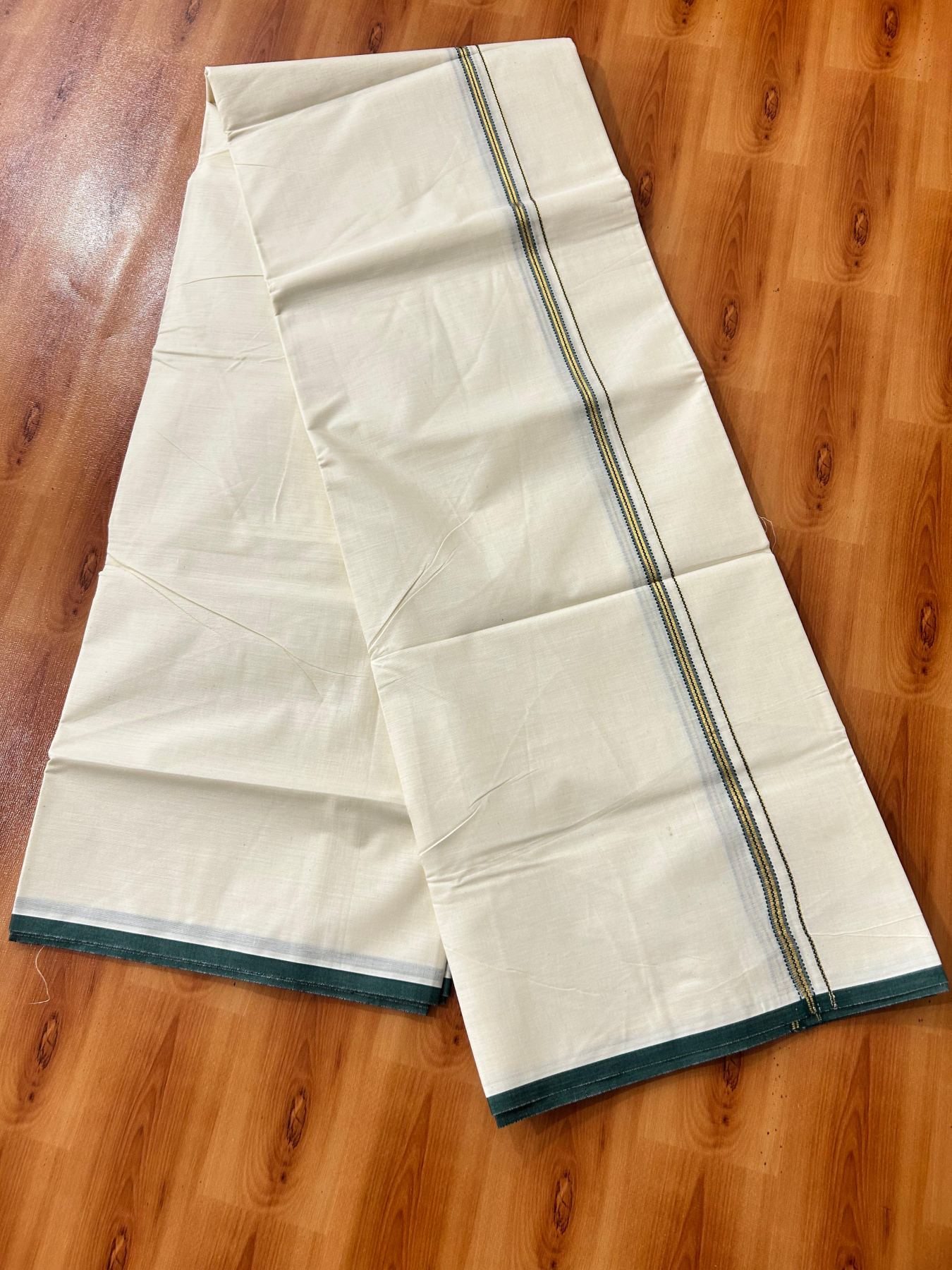 Double Off white (Unbleached) Mundu/Dhoti - 20% Discount! KaithariKada Pure Cotton  (80s) - 1 cm Gold Kasav Green Kara 4 mtr (8.5 muzham) - 4 KK5479 GAN