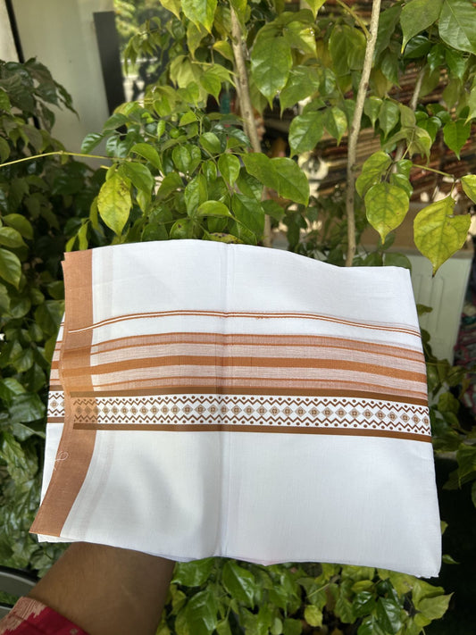 20% Discount ! KaithariKada Balaramapuram Cotton Double Pure white Mundu/Dhoti- 80s - 2.5 inch Brown Printed Shade Stripes Design Kara - 3.65 mtr (8 muzham) - 30 KK5329 GAN