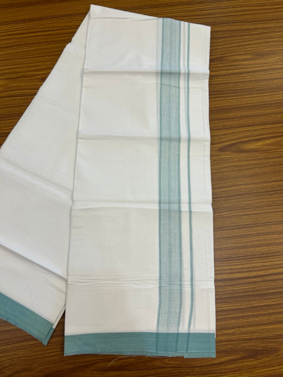 KaithariKada Balaramapuram 100% Cotton Single Pure White Mundu/Dhoti - 100X80 - 1.5 inch Light Teal Blue Shaded Stripes kara 2 mtr (4 muzham) - 11 KK5294 THI