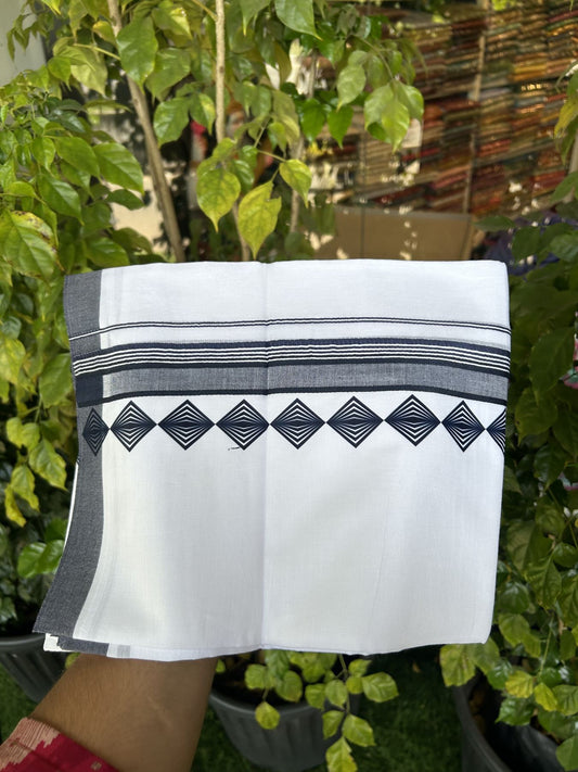 20% Discount ! KaithariKada Balaramapuram Cotton Double Pure white Mundu/Dhoti- 80s - 2.5 inch Navy Blue Printed Shade Stripes Design Kara - 3.65 mtr (8 muzham) - 9 KK5329 GAN