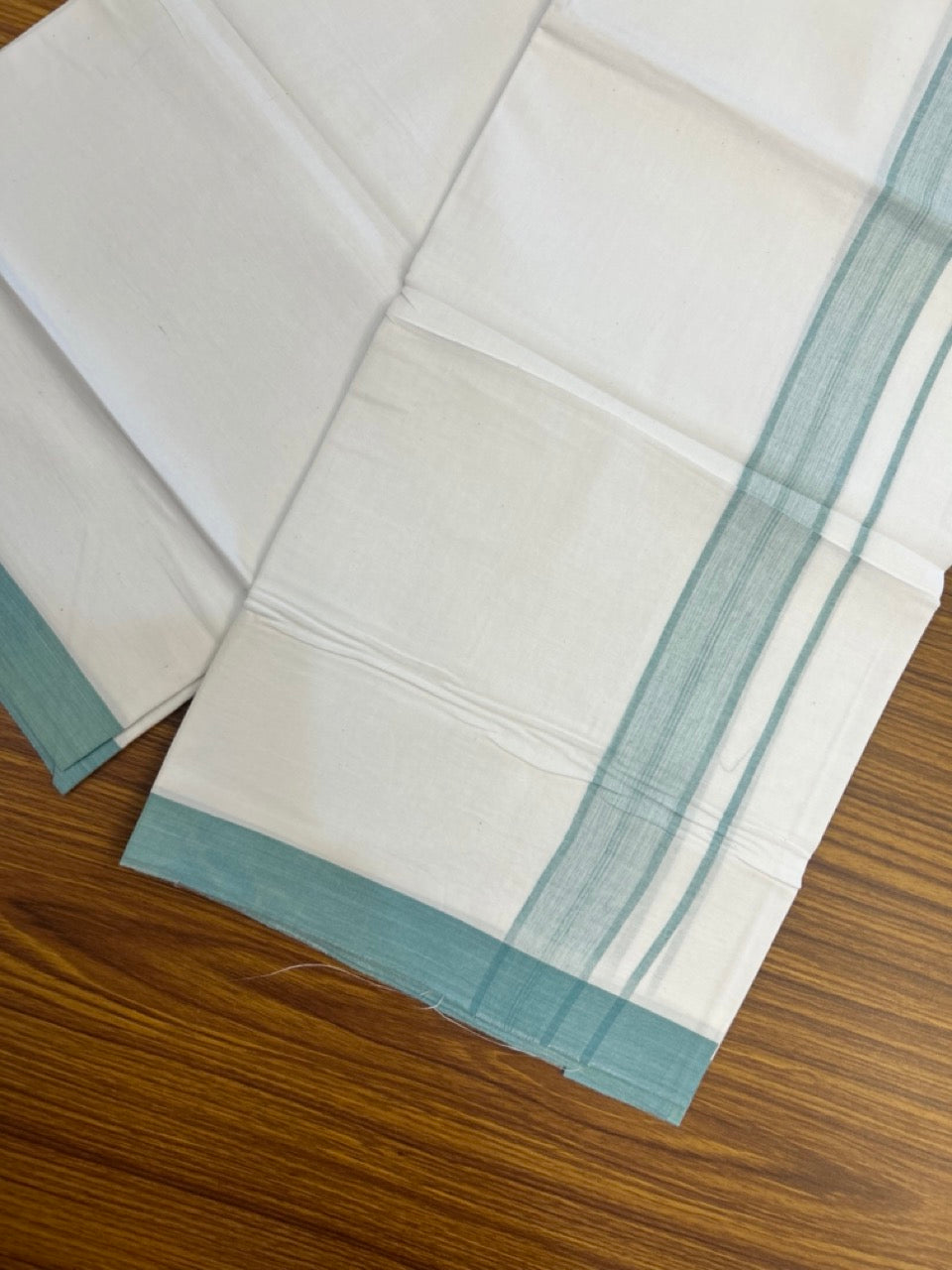 KaithariKada Balaramapuram 100% Cotton Single Pure White Mundu/Dhoti - 100X80 - 1.5 inch Light Teal Blue Shaded Stripes kara 2 mtr (4 muzham) - 11 KK5294 THI
