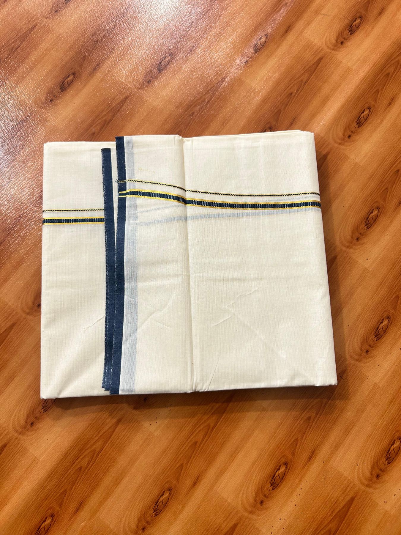 Double Off white (Unbleached) Mundu/Dhoti - 20% Discount! KaithariKada Pure Cotton  (80s) - 1 cm Gold Kasav Peacock Blue Kara 4 mtr (8.5 muzham) - 18 KK5479 GAN