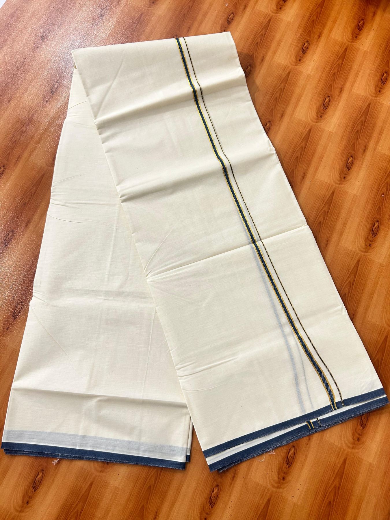 Double Off white (Unbleached) Mundu/Dhoti - 20% Discount! KaithariKada Pure Cotton  (80s) - 1 cm Gold Kasav Peacock Blue Kara 4 mtr (8.5 muzham) - 18 KK5479 GAN
