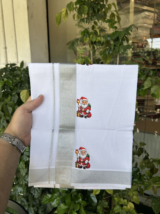Christmas Special - 35% Discount ! KaithariKada Balaramapuram - Double Pure white Mundu/Dhoti- 60s - 50% Cotton & 50% Polyester - 1.5 inch Silver Kasav Santa Claus Printed Kara - 3.70 mtr (8 muzham) - 69 KK5329 GAN