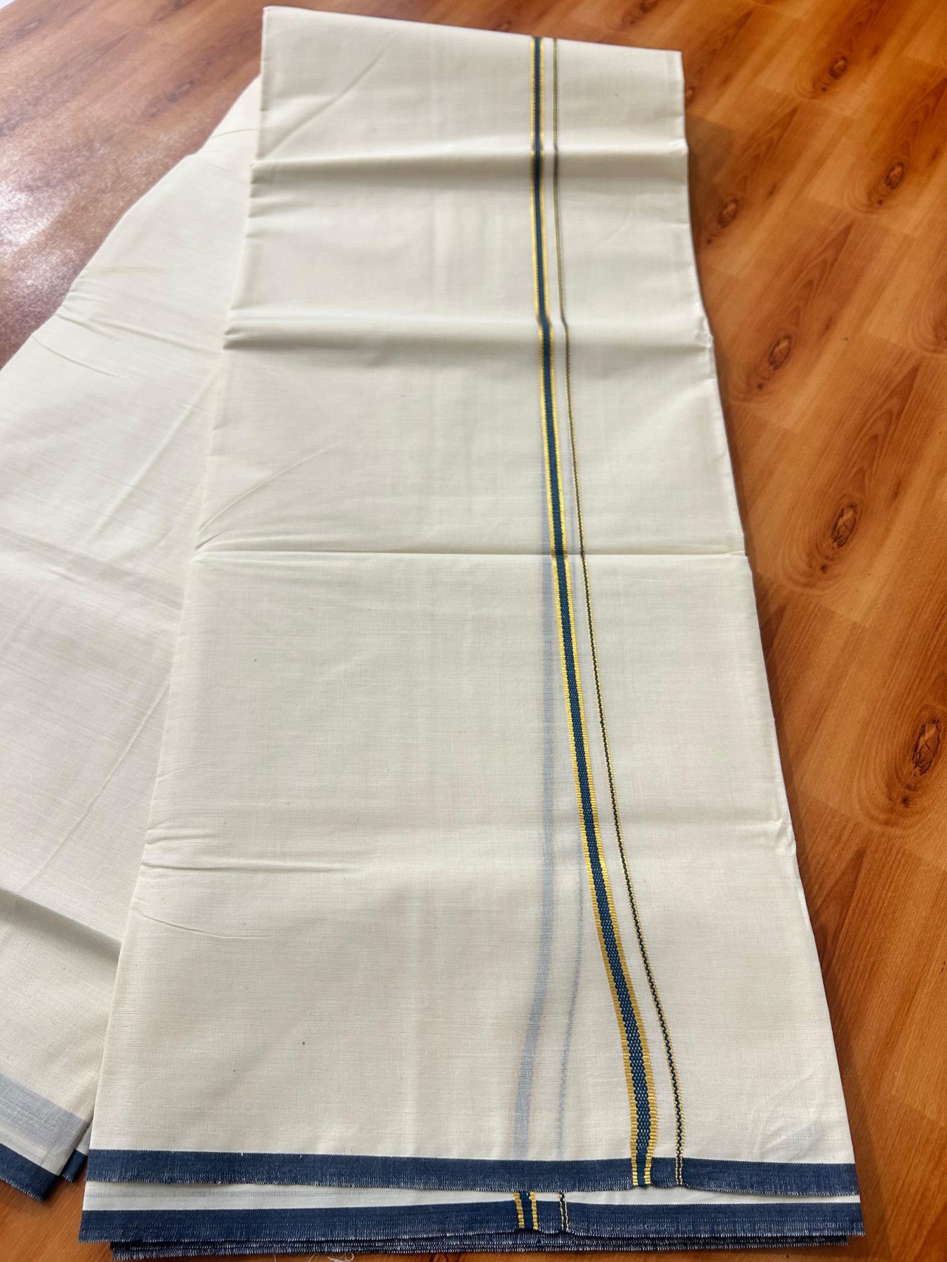Double Off white (Unbleached) Mundu/Dhoti - 20% Discount! KaithariKada Pure Cotton  (80s) - 1 cm Gold Kasav Peacock Blue Kara 4 mtr (8.5 muzham) - 18 KK5479 GAN