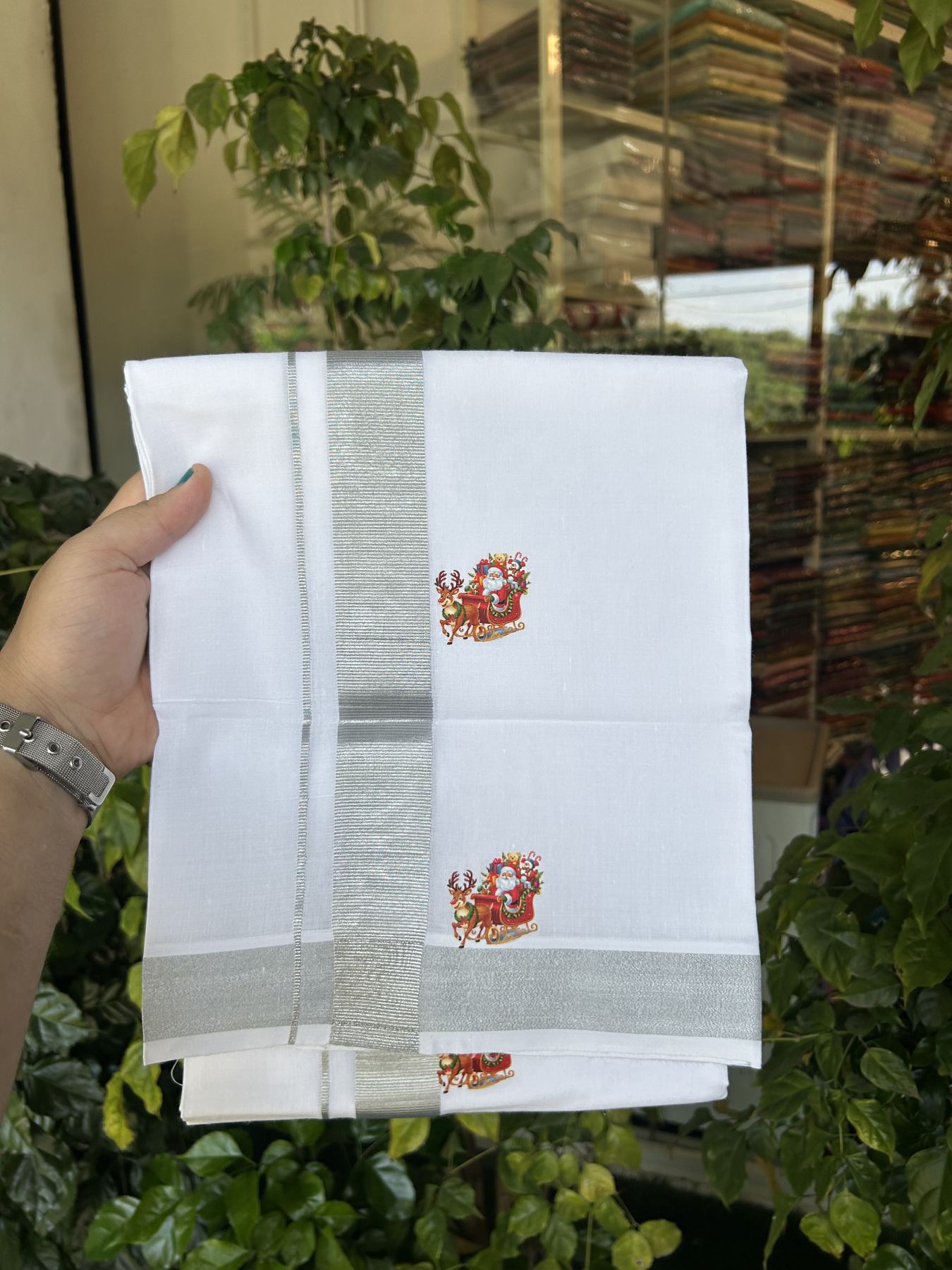 Christmas Special - 35% Discount ! KaithariKada Balaramapuram - Double Pure white Mundu/Dhoti- 60s - 50% Cotton & 50% Polyester - 1.5 inch Silver Kasav Santa Claus Printed Kara - 3.70 mtr (8 muzham) - 71 KK5329 GAN