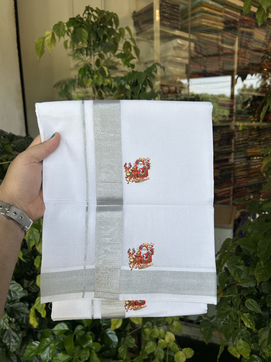 Christmas Special - 35% Discount ! KaithariKada Balaramapuram - Double Pure white Mundu/Dhoti- 60s - 50% Cotton & 50% Polyester - 1.5 inch Silver Kasav Santa Claus Printed Kara - 3.70 mtr (8 muzham) - 71 KK5329 GAN