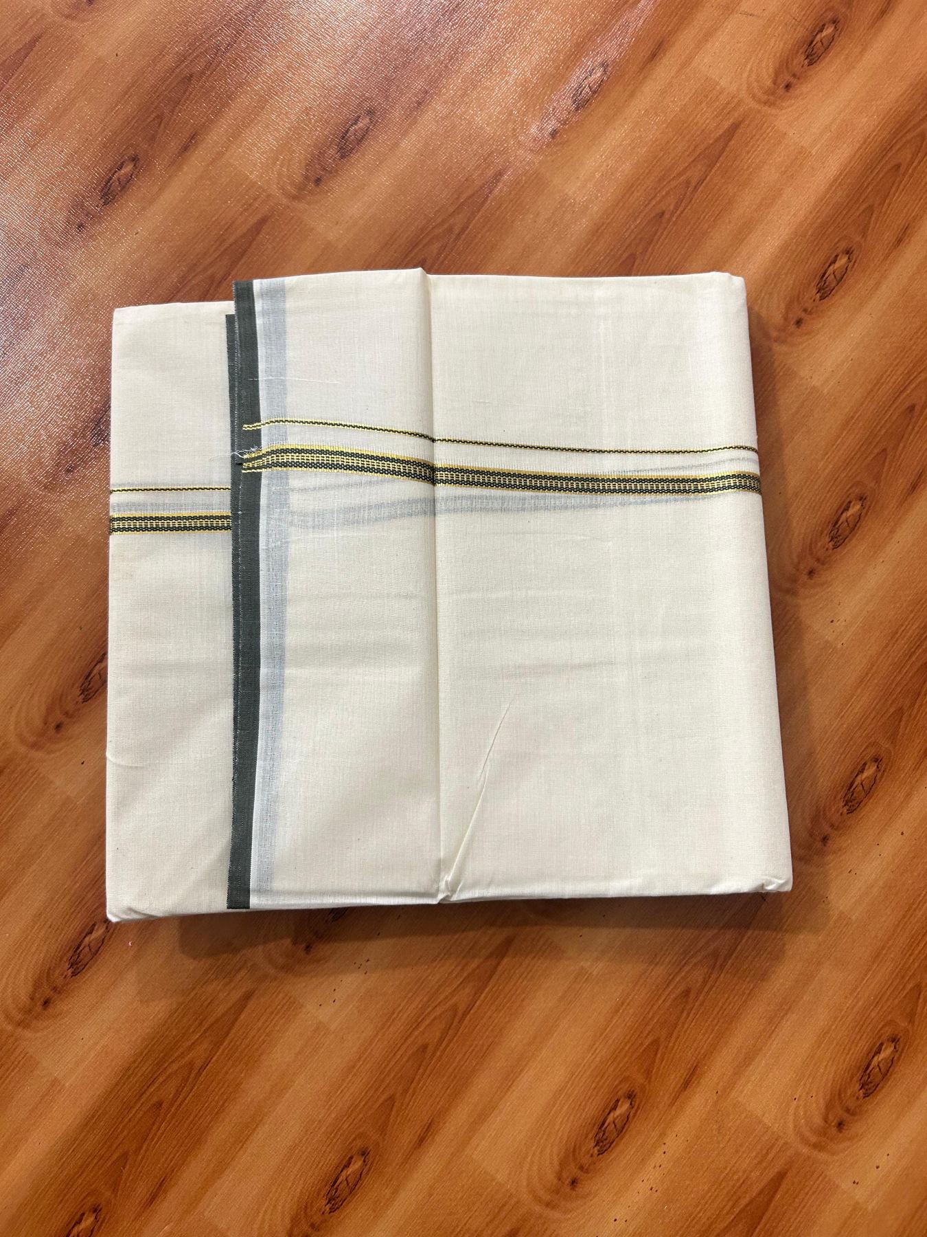 Double Off white (Unbleached) Mundu/Dhoti - 20% Discount! KaithariKada Pure Cotton  (80s) - 1 cm Gold Kasav Olive Green Kara 4 mtr (8.5 muzham) - 3 KK5479 GAN