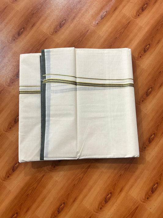 Double Off white (Unbleached) Mundu/Dhoti - 20% Discount! KaithariKada Pure Cotton  (80s) - 1 cm Gold Kasav Olive Green Kara 4 mtr (8.5 muzham) - 3 KK5479 GAN