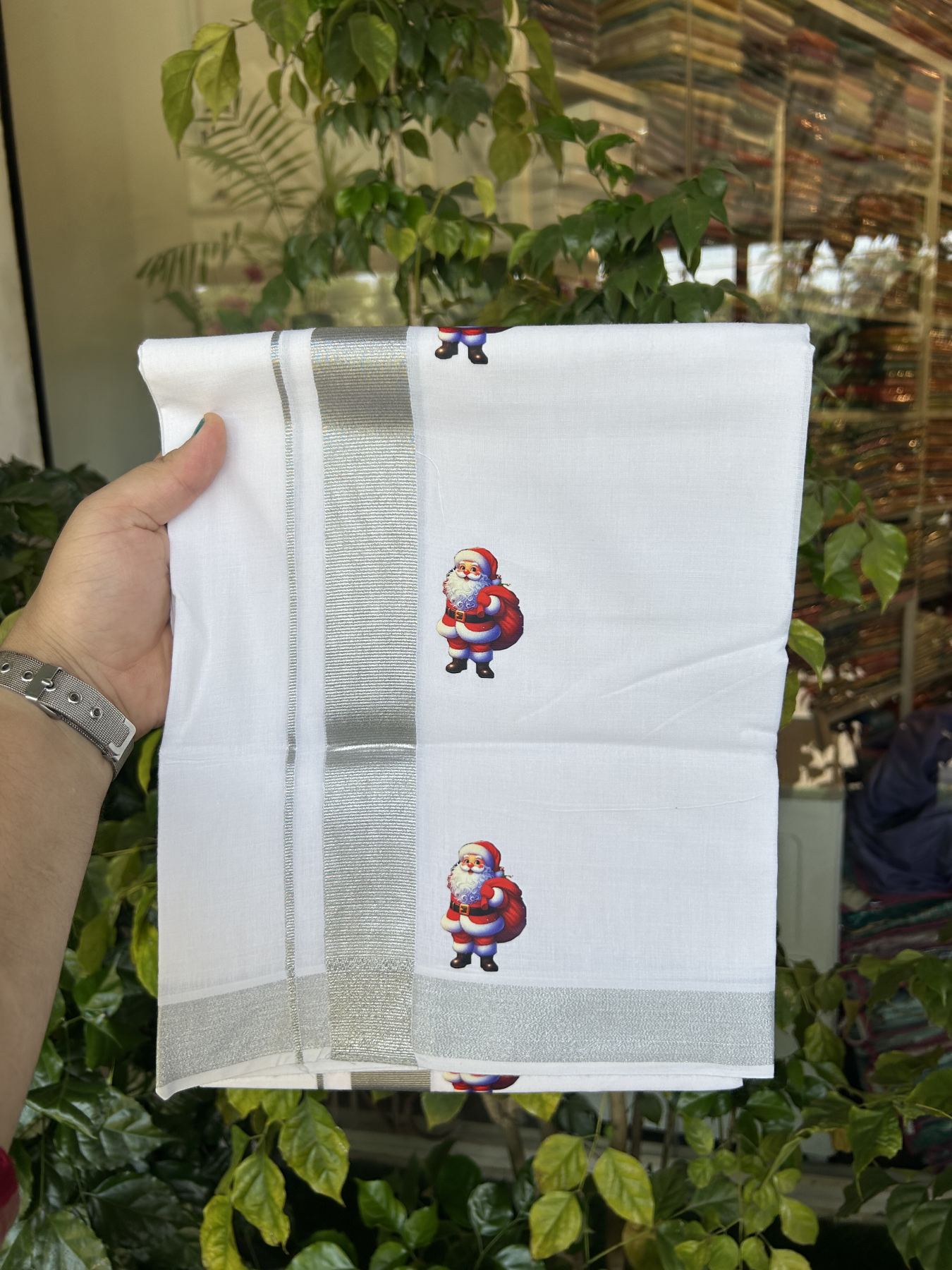 Christmas Special - 35% Discount ! KaithariKada Balaramapuram - Double Pure white Mundu/Dhoti- 60s - 50% Cotton & 50% Polyester - 1.5 inch Silver Kasav Santa Claus Printed Kara - 3.70 mtr (8 muzham) - 68 KK5329 GAN