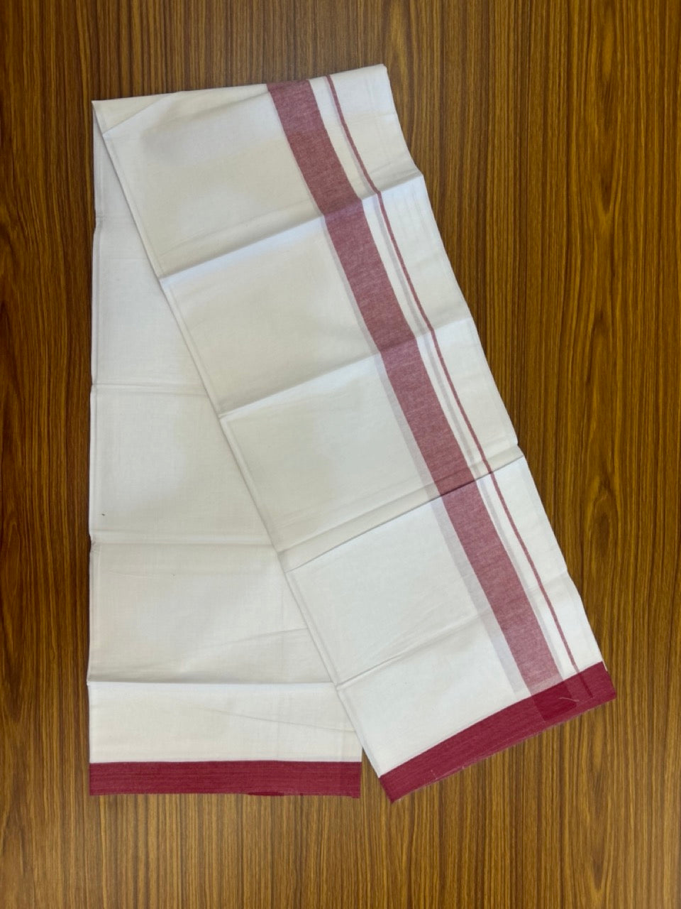 KaithariKada Balaramapuram 100% Cotton Single Pure White Mundu/Dhoti - 100X80 - 1.5 inch Light Maroon Shaded kara 2 mtr (4 muzham) - 7 KK5294 THI
