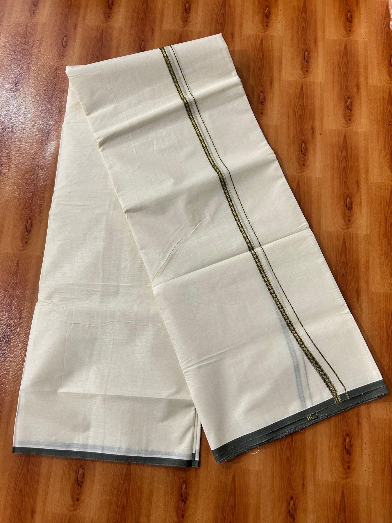 Double Off white (Unbleached) Mundu/Dhoti - 20% Discount! KaithariKada Pure Cotton  (80s) - 1 cm Gold Kasav Olive Green Kara 4 mtr (8.5 muzham) - 3 KK5479 GAN
