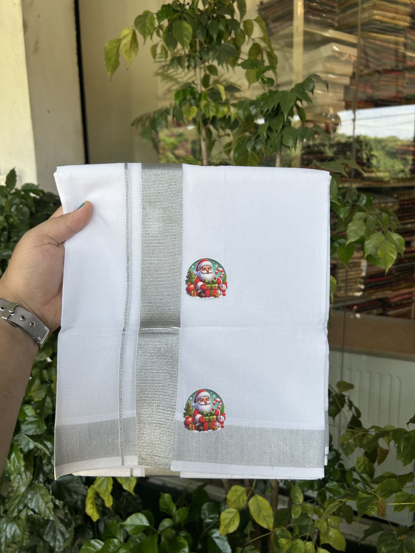 Christmas Special - 35% Discount ! KaithariKada Balaramapuram - Double Pure white Mundu/Dhoti- 60s - 50% Cotton & 50% Polyester - 1.5 inch Silver Kasav Santa Claus Printed Kara - 3.70 mtr (8 muzham) - 70 KK5329 GAN