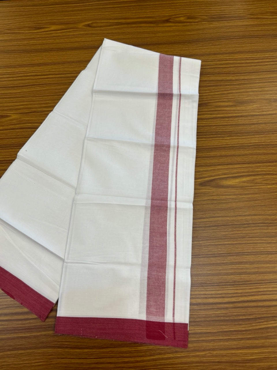 KaithariKada Balaramapuram 100% Cotton Single Pure White Mundu/Dhoti - 100X80 - 1.5 inch Light Maroon Shaded kara 2 mtr (4 muzham) - 7 KK5294 THI