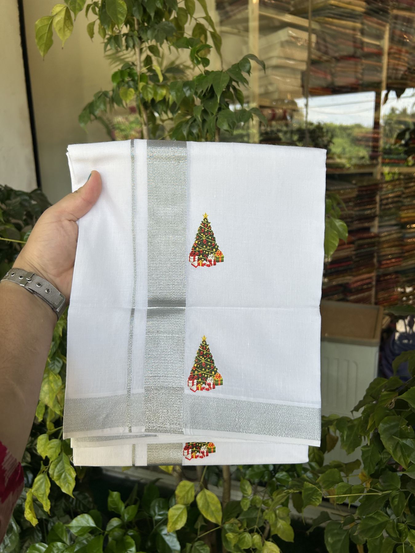 Christmas Special - 35% Discount ! KaithariKada Balaramapuram - Double Pure white Mundu/Dhoti- 60s - 50% Cotton & 50% Polyester - 1.5 inch Silver Kasav Christmas tree Printed Kara - 3.70 mtr (8 muzham) - 67 KK5329 GAN
