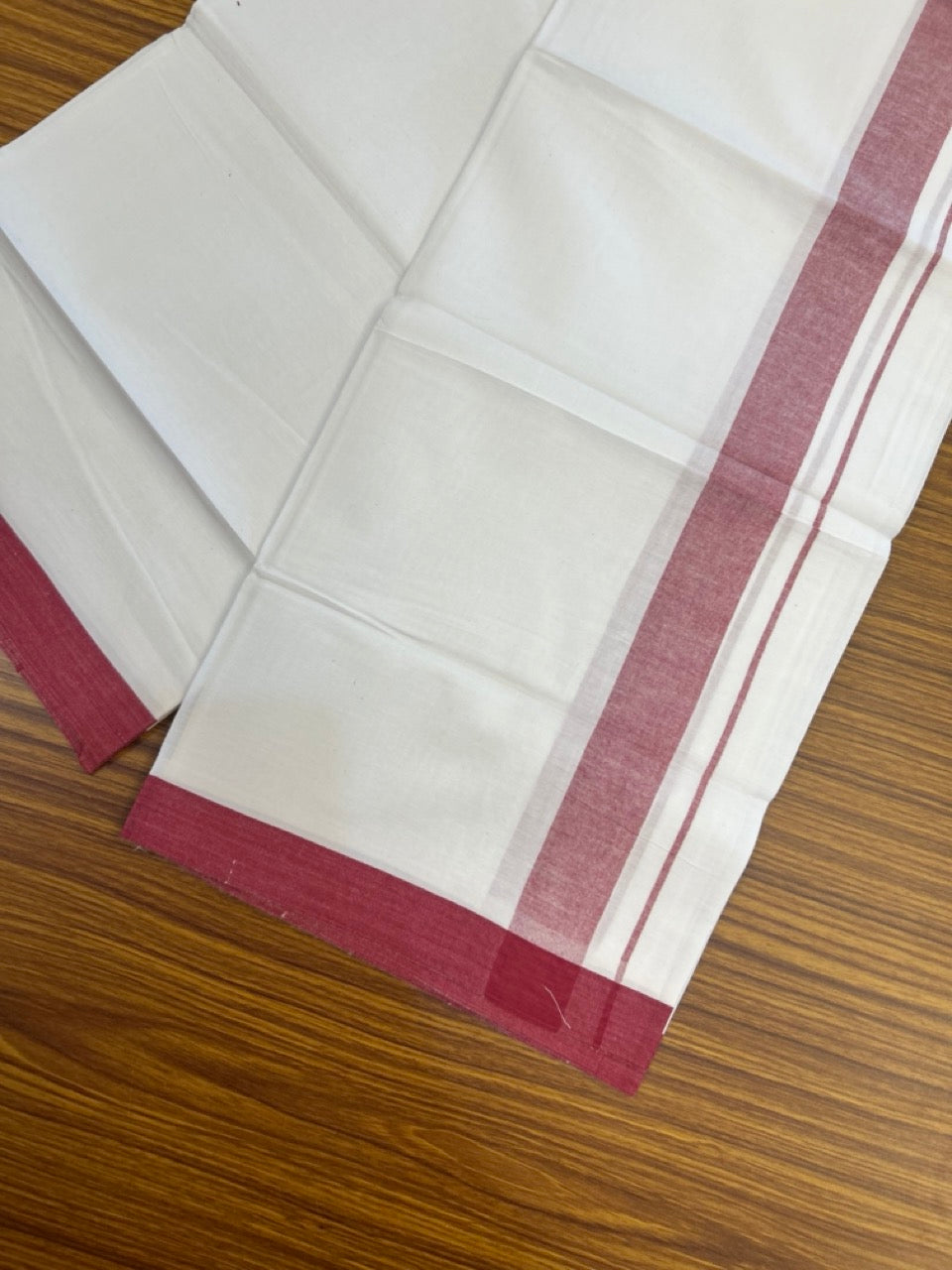 KaithariKada Balaramapuram 100% Cotton Single Pure White Mundu/Dhoti - 100X80 - 1.5 inch Light Maroon Shaded kara 2 mtr (4 muzham) - 7 KK5294 THI