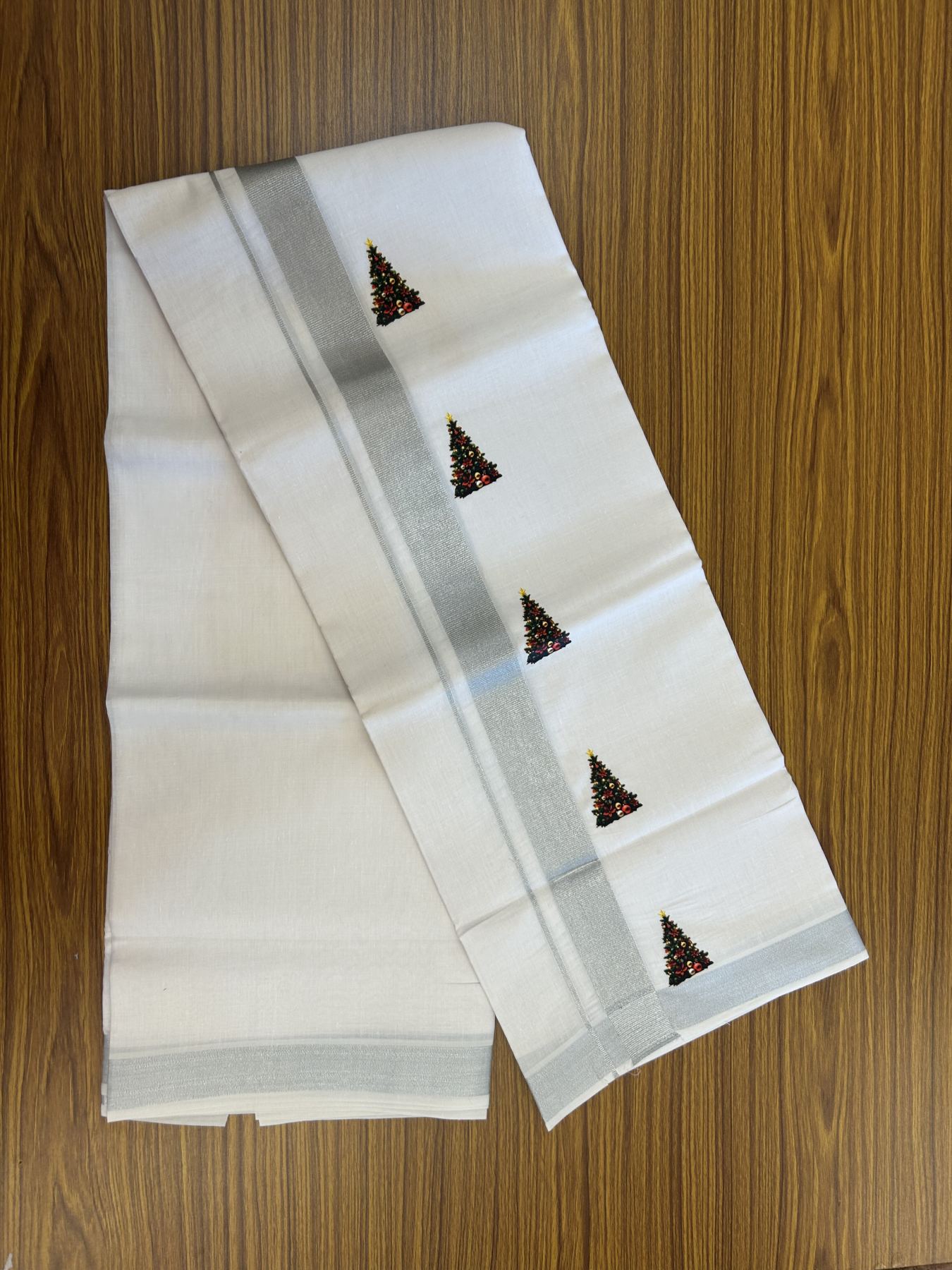 Christmas Special - 35% Discount ! KaithariKada Balaramapuram - Double Pure white Mundu/Dhoti- 60s - 50% Cotton & 50% Polyester - 1.5 inch Silver Kasav Christmas tree Printed Kara - 3.70 mtr (8 muzham) - 65 KK5329 GAN