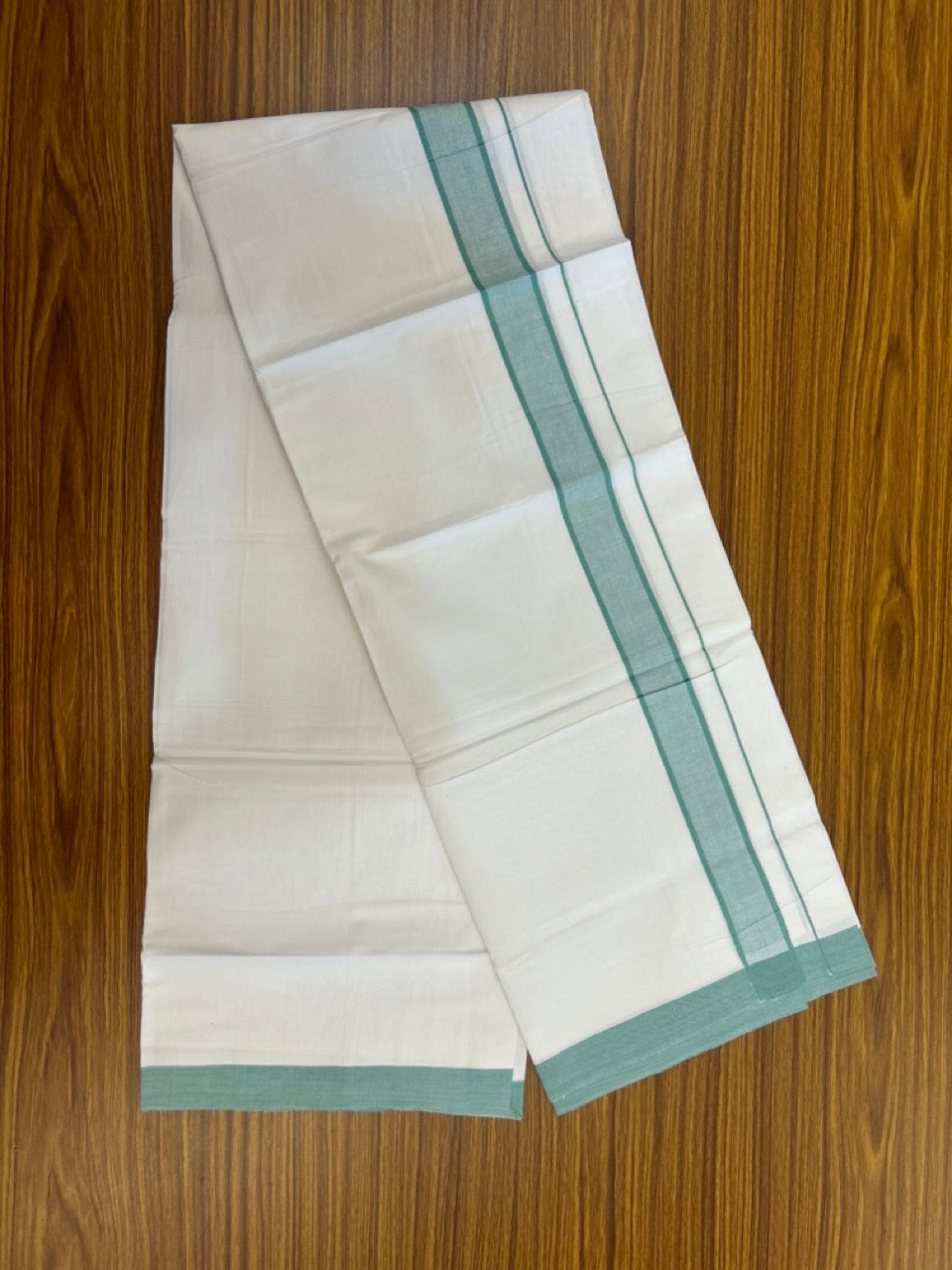 KaithariKada Balaramapuram 100% Cotton Single Pure White Mundu/Dhoti - 100X80 - 1.5 inch Light Turquoise Green Shaded Stripes kara 2 mtr (4 muzham) - 5 KK5294 THI