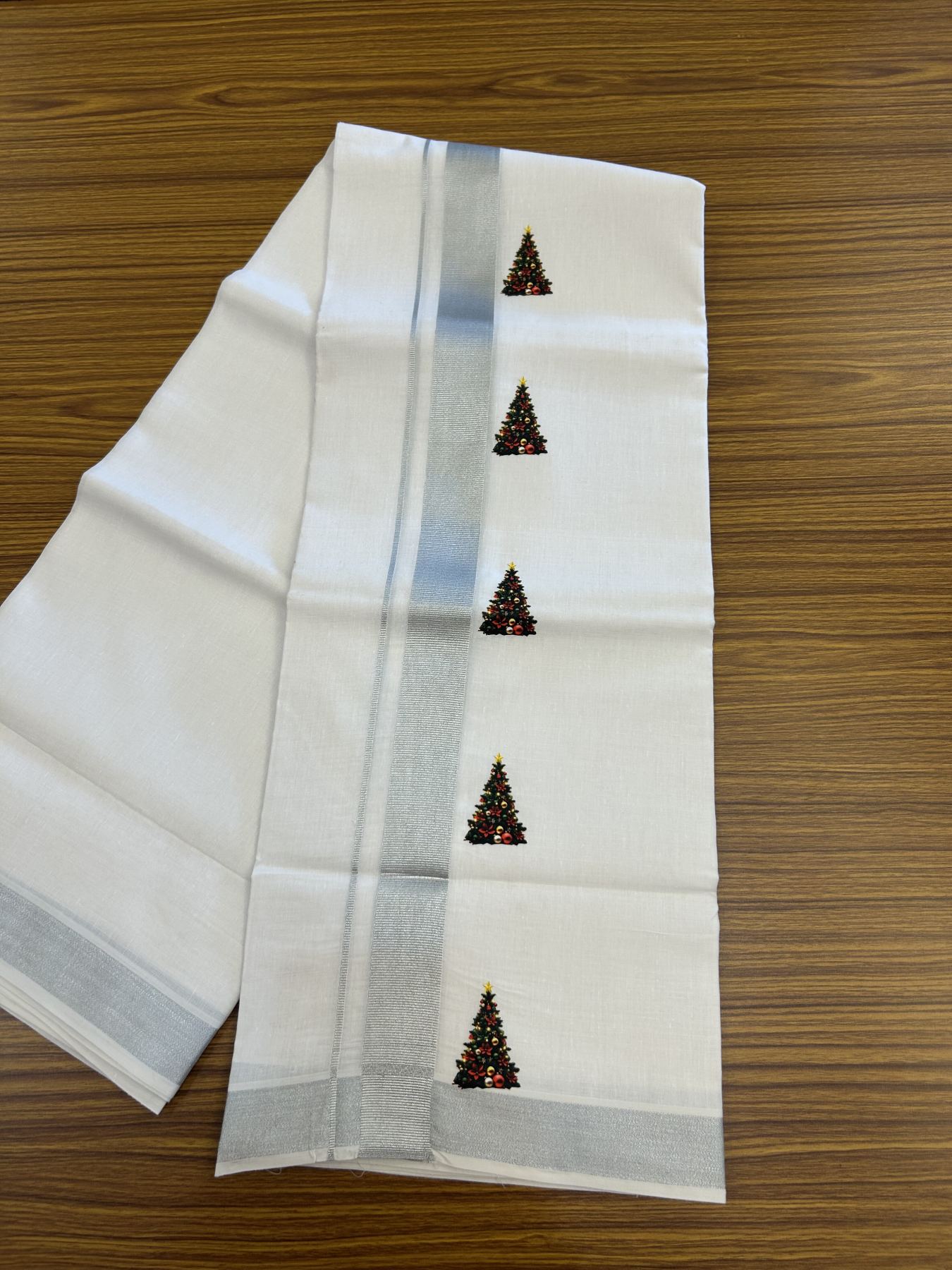 Christmas Special - 35% Discount ! KaithariKada Balaramapuram - Double Pure white Mundu/Dhoti- 60s - 50% Cotton & 50% Polyester - 1.5 inch Silver Kasav Christmas tree Printed Kara - 3.70 mtr (8 muzham) - 65 KK5329 GAN