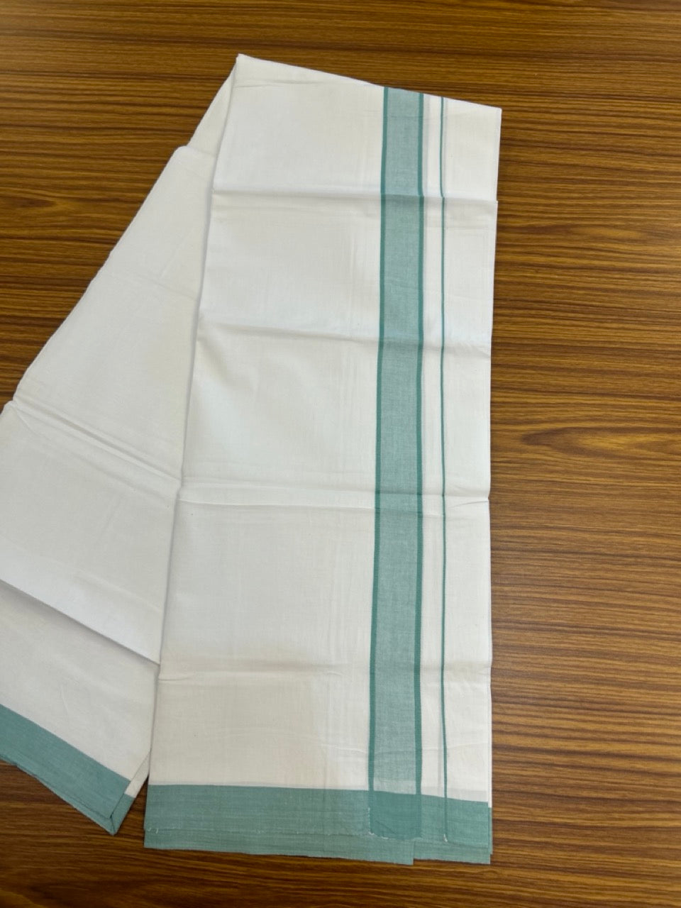 KaithariKada Balaramapuram 100% Cotton Single Pure White Mundu/Dhoti - 100X80 - 1.5 inch Light Turquoise Green Shaded Stripes kara 2 mtr (4 muzham) - 5 KK5294 THI