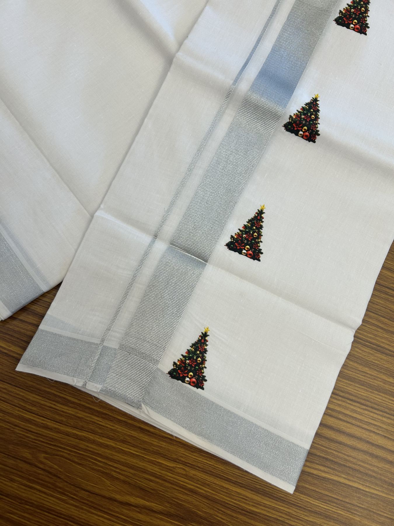 Christmas Special - 35% Discount ! KaithariKada Balaramapuram - Double Pure white Mundu/Dhoti- 60s - 50% Cotton & 50% Polyester - 1.5 inch Silver Kasav Christmas tree Printed Kara - 3.70 mtr (8 muzham) - 65 KK5329 GAN
