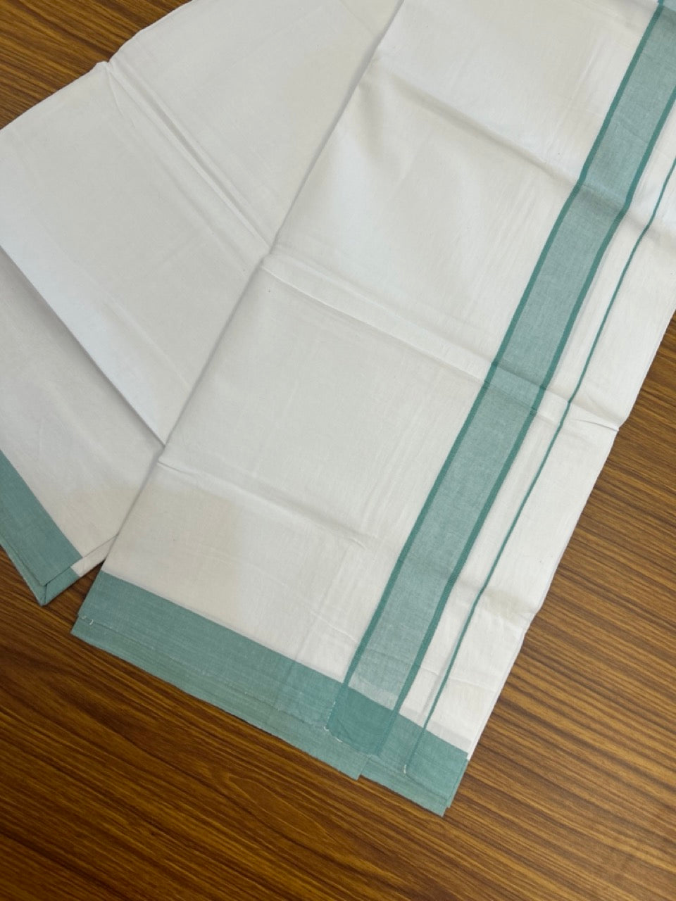 KaithariKada Balaramapuram 100% Cotton Single Pure White Mundu/Dhoti - 100X80 - 1.5 inch Light Turquoise Green Shaded Stripes kara 2 mtr (4 muzham) - 5 KK5294 THI