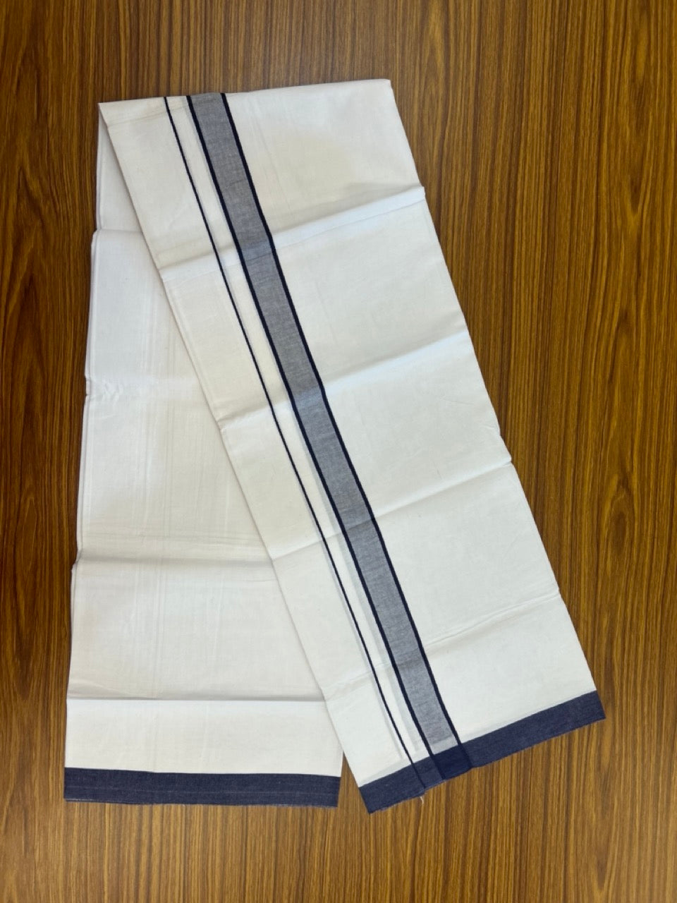 KaithariKada Balaramapuram 100% Cotton Single Pure White Mundu/Dhoti - 100X80 - 1.5 inch Navy Blue Shaded Stripes kara 2 mtr (4 muzham) - 6 KK5294 THI