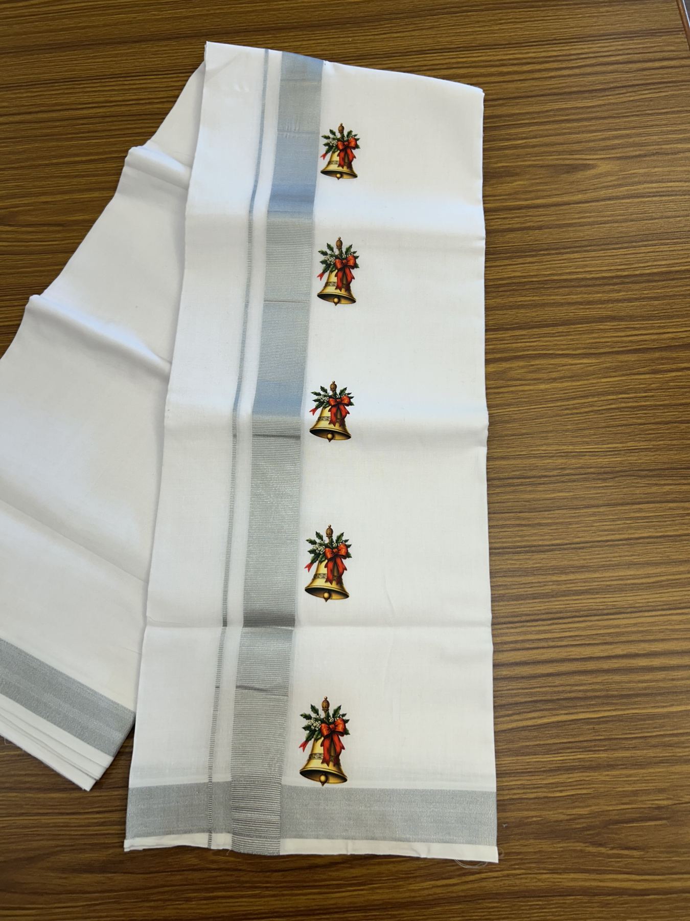 Christmas Special - 35% Discount ! KaithariKada Balaramapuram - Double Pure white Mundu/Dhoti- 60s - 50% Cotton & 50% Polyester - 1.5 inch Silver Kasav Jingle Bell Printed Kara - 3.70 mtr (8 muzham) - 72 KK5329 GAN