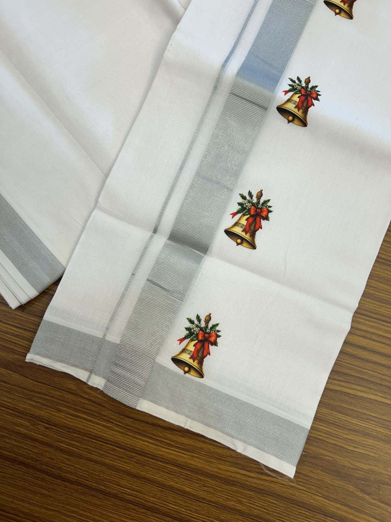 Christmas Special - 35% Discount ! KaithariKada Balaramapuram - Double Pure white Mundu/Dhoti- 60s - 50% Cotton & 50% Polyester - 1.5 inch Silver Kasav Jingle Bell Printed Kara - 3.70 mtr (8 muzham) - 72 KK5329 GAN
