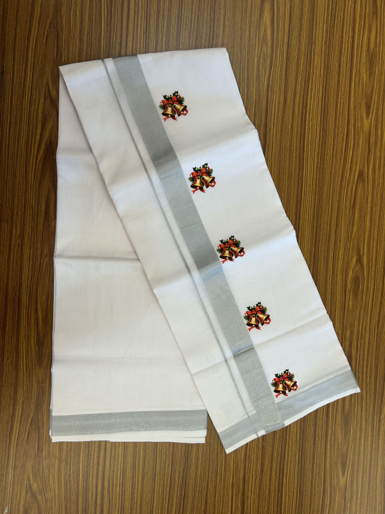 Christmas Special - 35% Discount ! KaithariKada Balaramapuram - Double Pure white Mundu/Dhoti- 60s - 50% Cotton & 50% Polyester - 1.5 inch Silver Kasav Jingle Bell Printed Kara - 3.70 mtr (8 muzham) - 73 KK5329 GAN