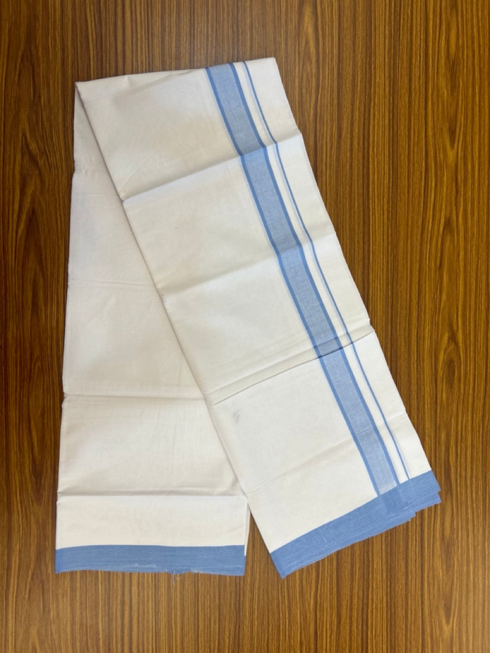 KaithariKada Balaramapuram 100% Cotton Single Pure White Mundu/Dhoti - 100X80 - 1.5 inch Sky Blue Shaded kara 2 mtr (4 muzham) - 3 KK5294 THI