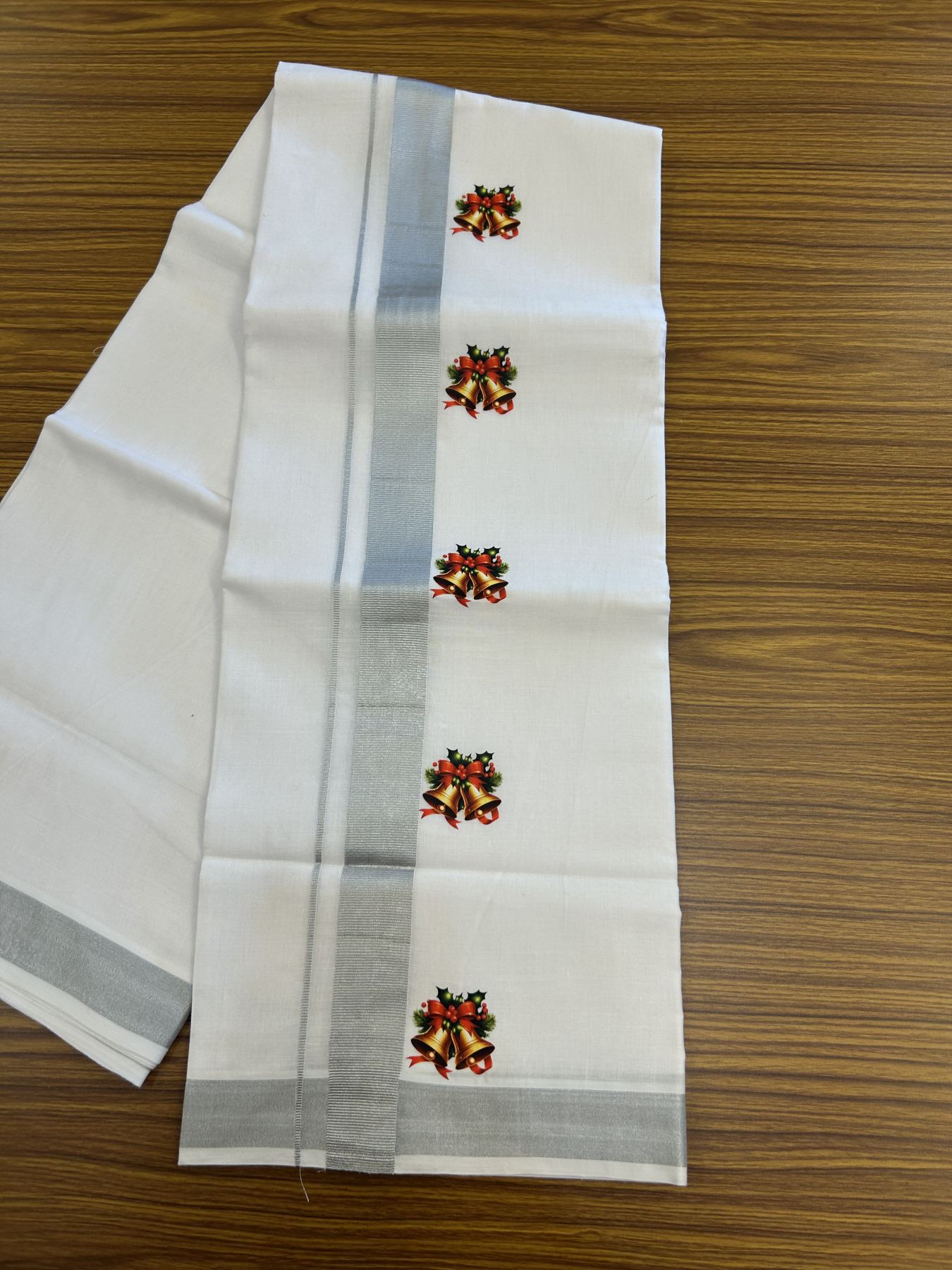 Christmas Special - 35% Discount ! KaithariKada Balaramapuram - Double Pure white Mundu/Dhoti- 60s - 50% Cotton & 50% Polyester - 1.5 inch Silver Kasav Jingle Bell Printed Kara - 3.70 mtr (8 muzham) - 73 KK5329 GAN