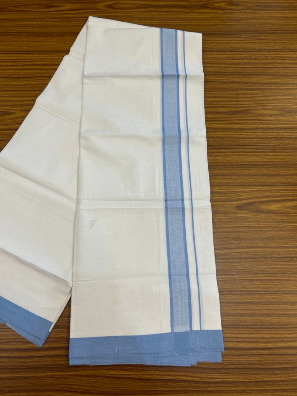KaithariKada Balaramapuram 100% Cotton Single Pure White Mundu/Dhoti - 100X80 - 1.5 inch Sky Blue Shaded kara 2 mtr (4 muzham) - 3 KK5294 THI