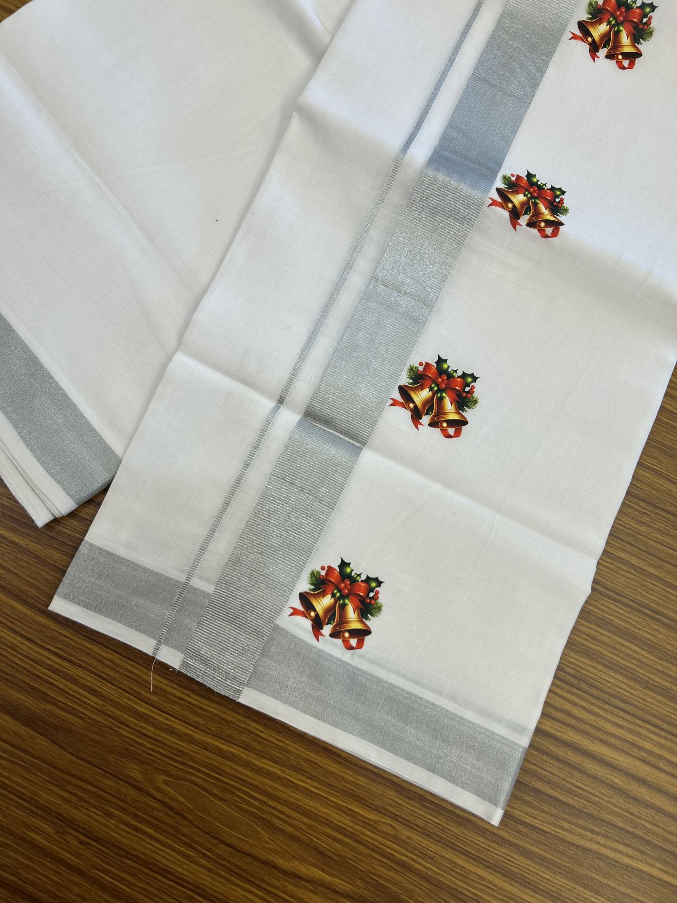 Christmas Special - 35% Discount ! KaithariKada Balaramapuram - Double Pure white Mundu/Dhoti- 60s - 50% Cotton & 50% Polyester - 1.5 inch Silver Kasav Jingle Bell Printed Kara - 3.70 mtr (8 muzham) - 73 KK5329 GAN