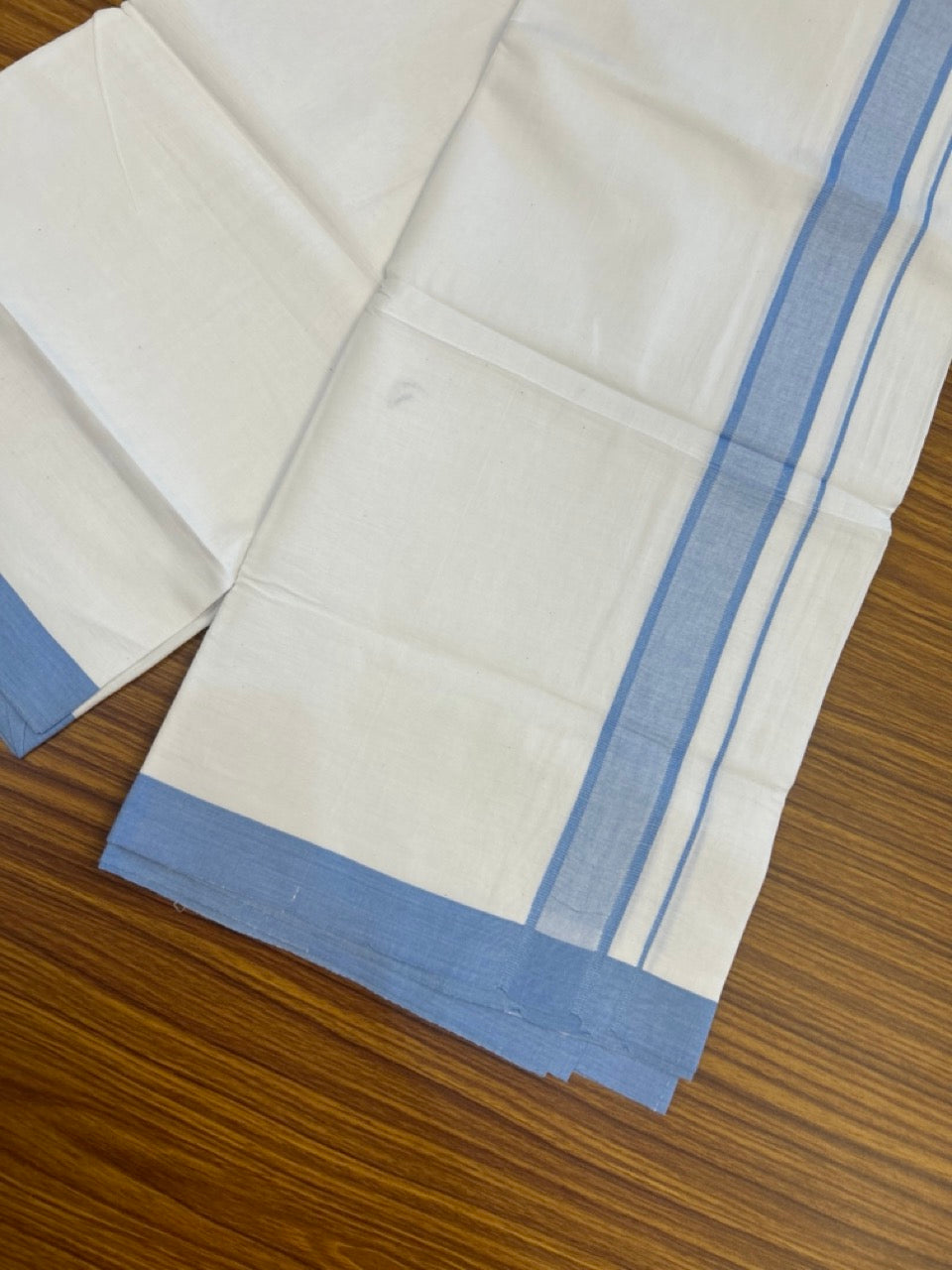 KaithariKada Balaramapuram 100% Cotton Single Pure White Mundu/Dhoti - 100X80 - 1.5 inch Sky Blue Shaded kara 2 mtr (4 muzham) - 3 KK5294 THI