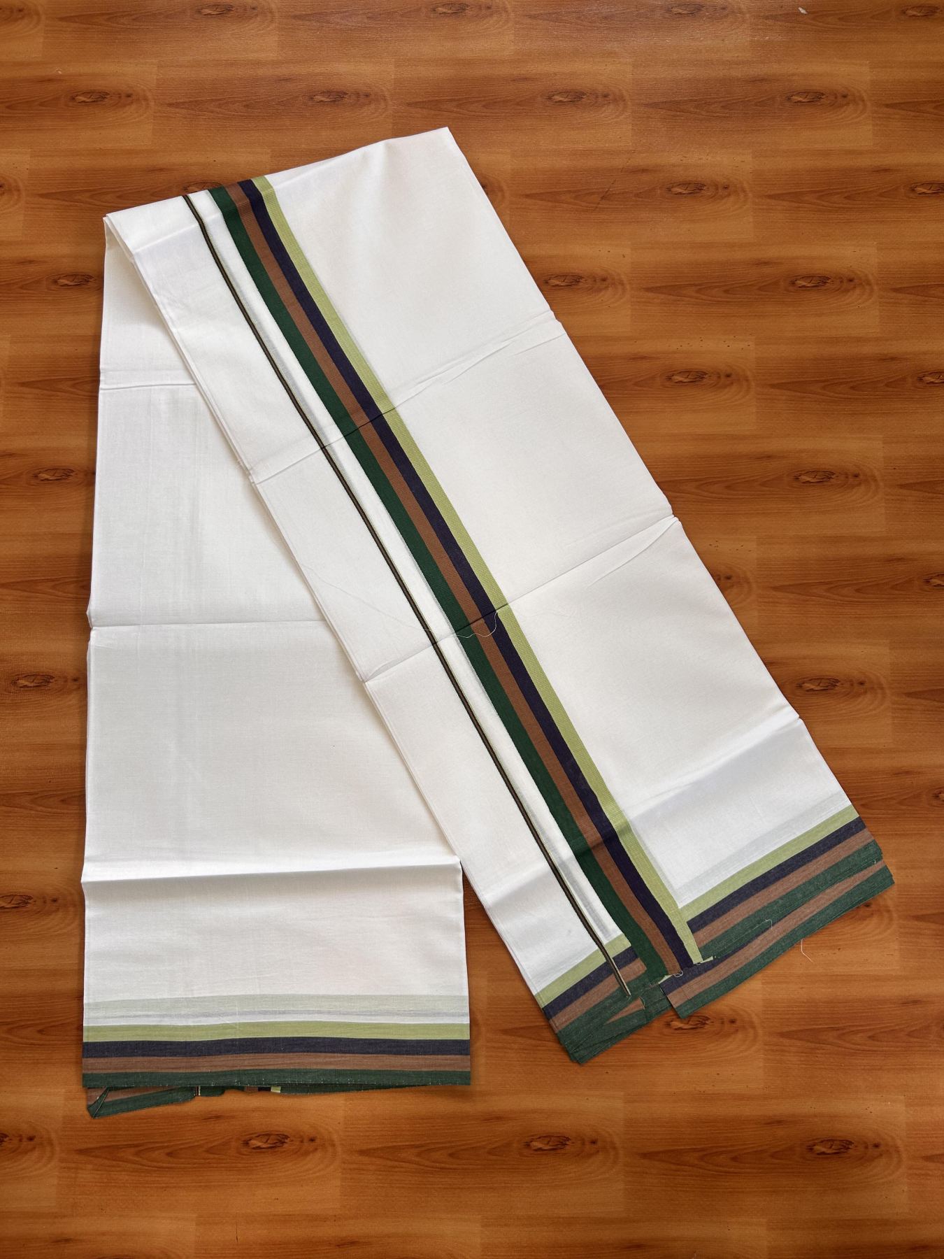 Double Pure White Mundu/Dhoti- 20% DISCOUNT ! KaithariKada Balaramapuram 100% Cotton - 100X80 - 1.5 inch Multi Colour kara 3.90 mtr ( 8 muzham) - 27 KK5432 PMC