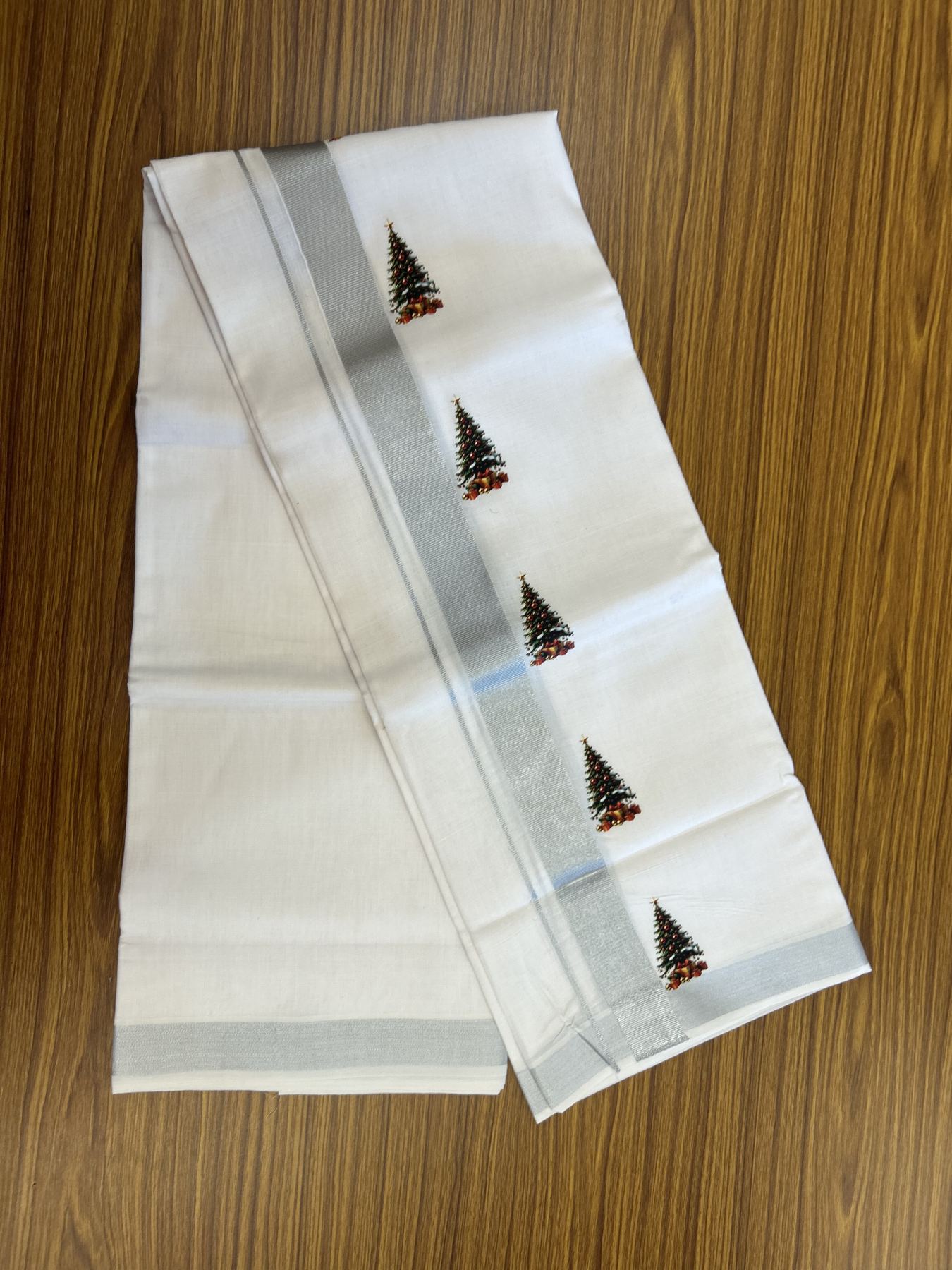 Christmas Special - 35% Discount ! KaithariKada Balaramapuram - Double Pure white Mundu/Dhoti- 60s - 50% Cotton & 50% Polyester - 1.5 inch Silver Kasav Christmas tree Printed Kara - 3.70 mtr (8 muzham) - 66 KK5329 GAN