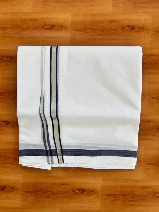 Double Pure White 25% Discount ! KaithariKada Handloom Millpaav - Kerala Handloom - 100% Pure Cotton - 80x90 - 0.5 Inch Puliyilakkara Silver Kasav & Navy Blue Chutty Kara 3.90 mtr (8.36 Muzham) - 27 KK5496 YAR
