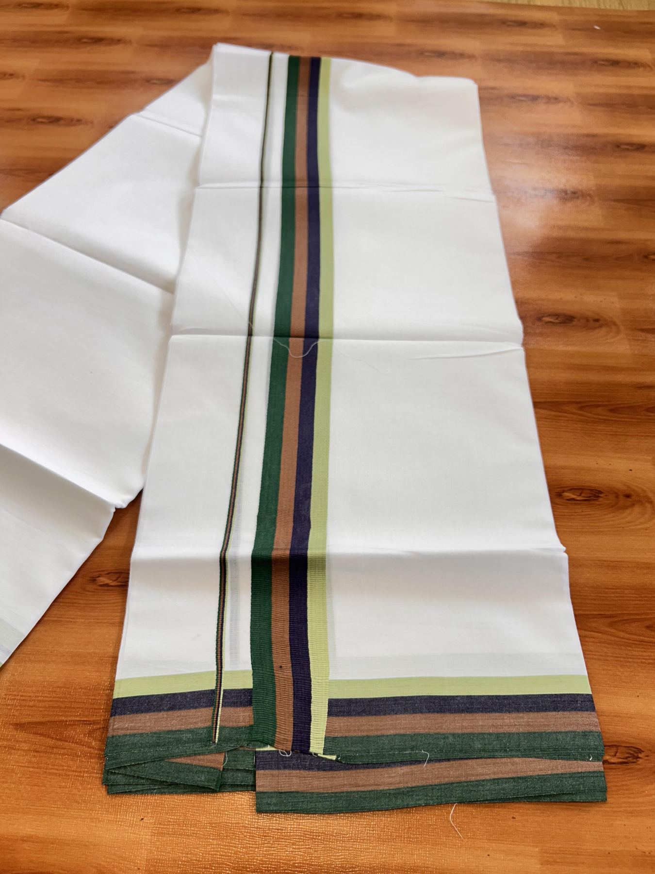 Double Pure White Mundu/Dhoti- 20% DISCOUNT ! KaithariKada Balaramapuram 100% Cotton - 100X80 - 1.5 inch Multi Colour kara 3.90 mtr ( 8 muzham) - 27 KK5432 PMC