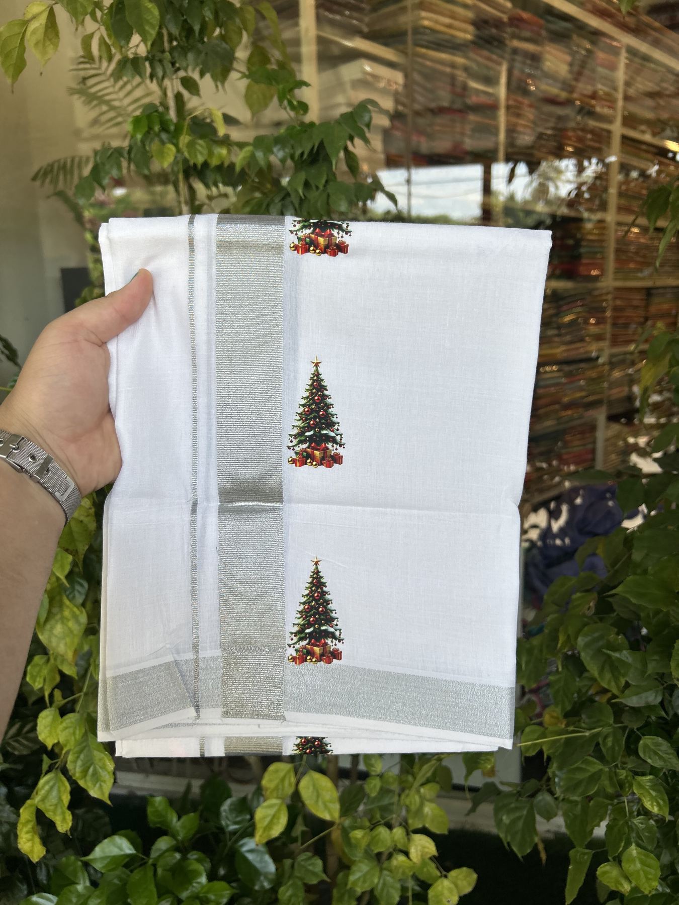 Christmas Special - 35% Discount ! KaithariKada Balaramapuram - Double Pure white Mundu/Dhoti- 60s - 50% Cotton & 50% Polyester - 1.5 inch Silver Kasav Christmas tree Printed Kara - 3.70 mtr (8 muzham) - 66 KK5329 GAN