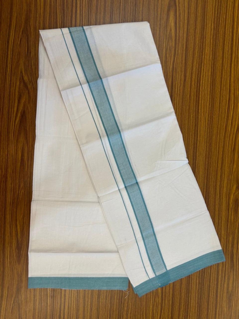 KaithariKada Balaramapuram 100% Cotton Single Pure White Mundu/Dhoti - 100X80 - 1.5 inch Light Teal Blue  Shaded Stripes kara 2 mtr (4 muzham) - 2 KK5294 THI